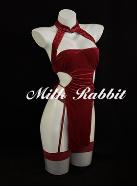 Cy奶兔「民国娇妻」红色丝绒绑带高开叉旗袍跨年圣诞新中式内衣