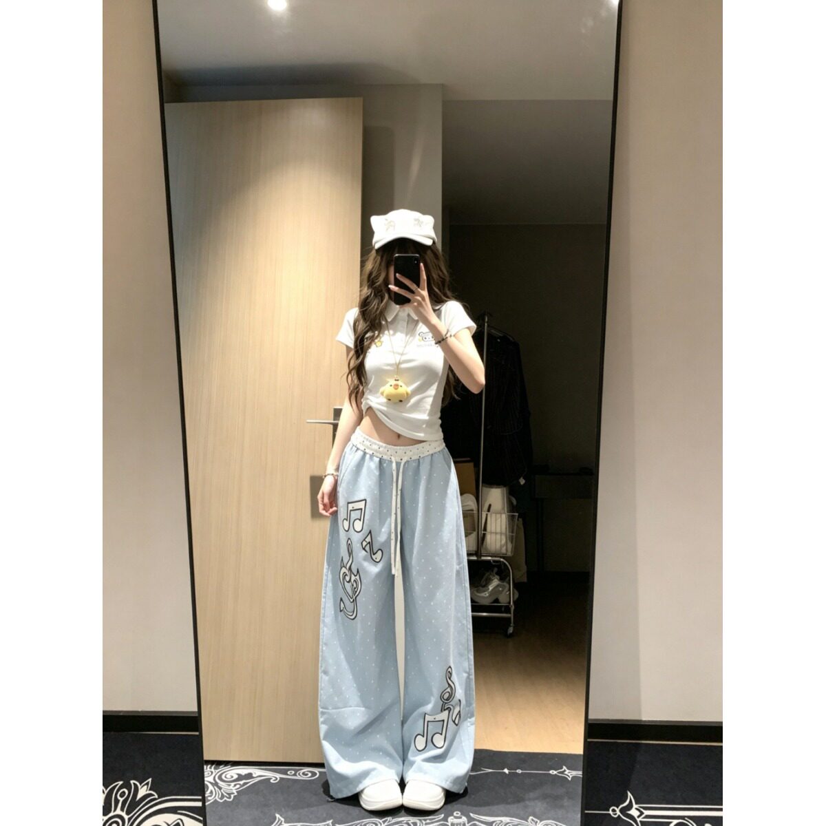 美式复古波点音符休闲运动裤女夏季学生韩版宽松阔腿长裤