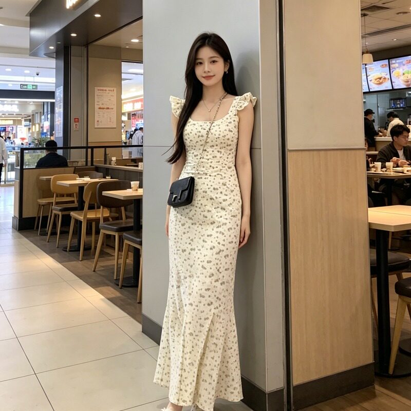 小飞袖连衣裙鱼尾收腰吊带雪纺修身清新无袖气质长款包臀夏季新款