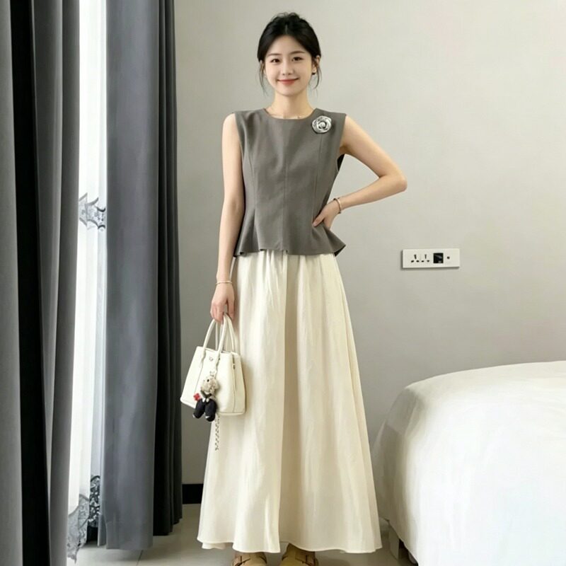 2026夏季新款小香风立体花朵收腰无袖上衣女高腰百搭半身裙两件套