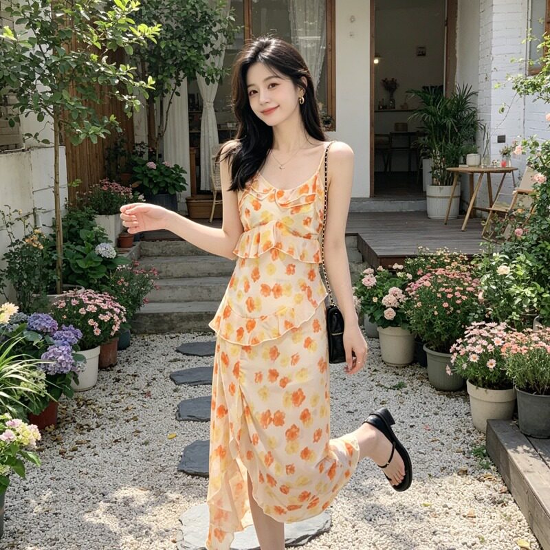 2026夏季法式性感v领高腰开叉雪纺不规则长裙碎花连衣裙吊带裙女