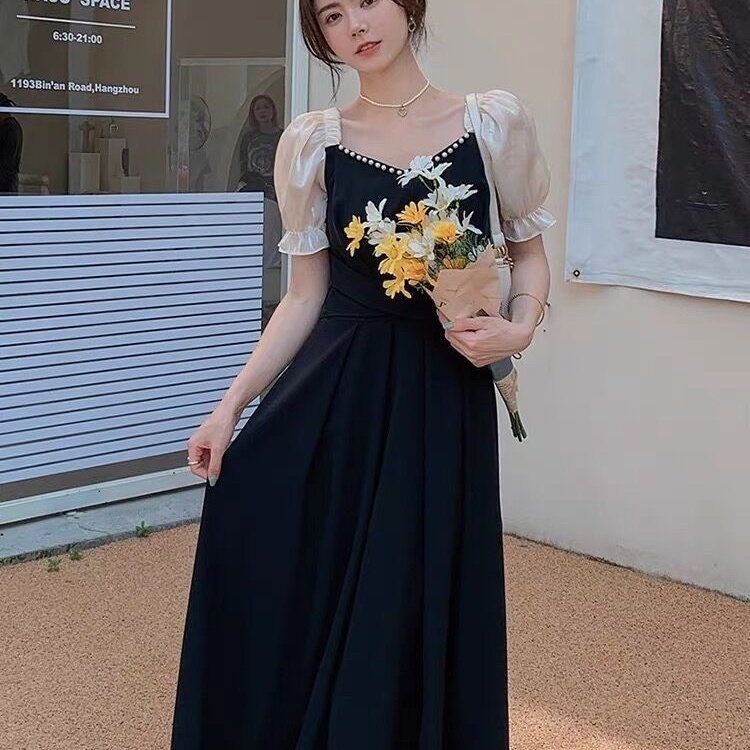 法式假两件雪纺连衣裙女夏季红色裙子质感高级感气质半袖收腰长裙