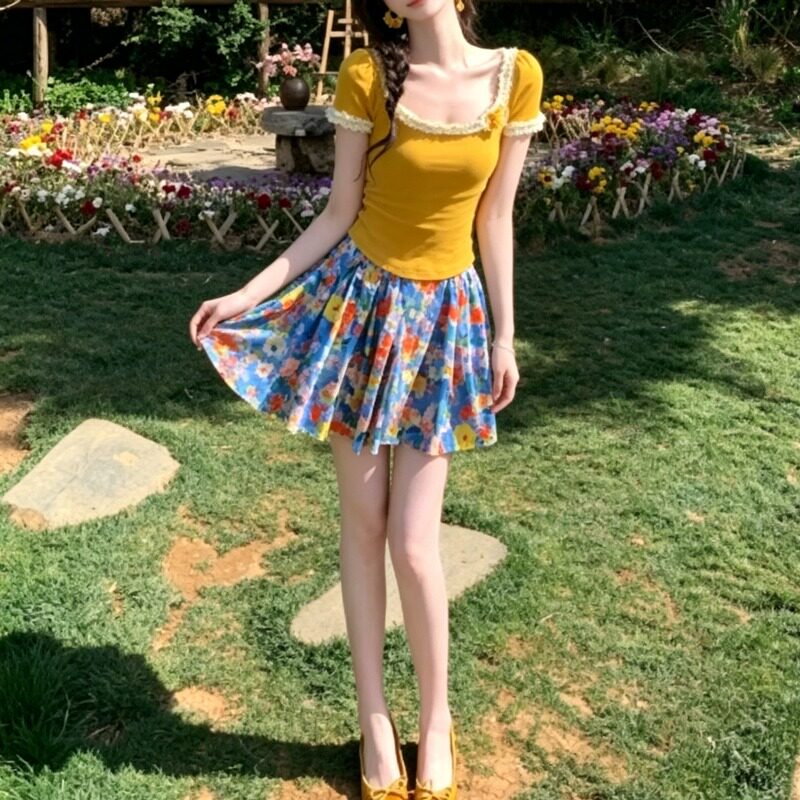 巨好看夏装一整套小个子纯欲甜美短袖上衣碎花半身短裙两件套装女