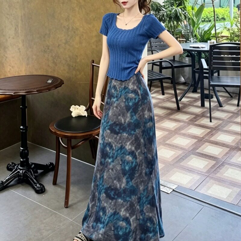 夏季搭配一整套大码胖mm蓝色针织上衣碎花半裙韩系独特漂亮套装女