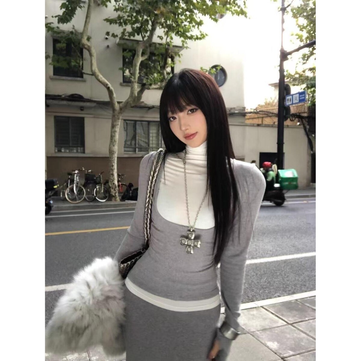 灰色假两件拼接长袖连衣裙子女早春季2026新款高腰修身半身裙套装