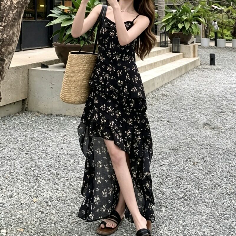 黑色辣妹性感显瘦前短后长吊带裙新款温柔气质雪纺碎花连衣裙女夏