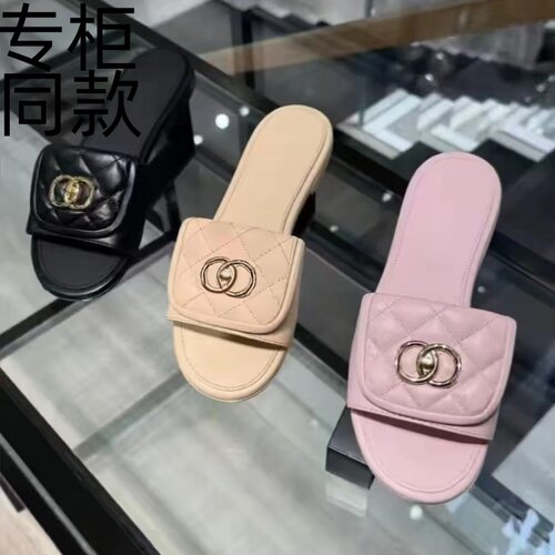 羊皮版法式菱格金属扣防滑一字拖