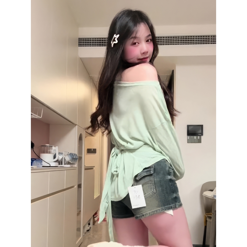 大码胖MM后背绑带收腰设计感长袖T恤女薄款微透空调网纱罩衫上衣