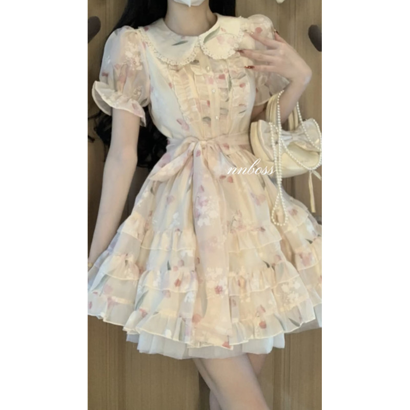 甜美娃娃领碎花连衣裙女