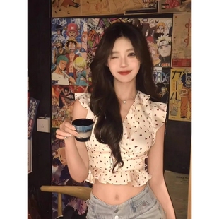 上衣 大码 胖mm法式 碎花荷叶边吊带背心女夏外穿修身 甜美瘦百搭无袖
