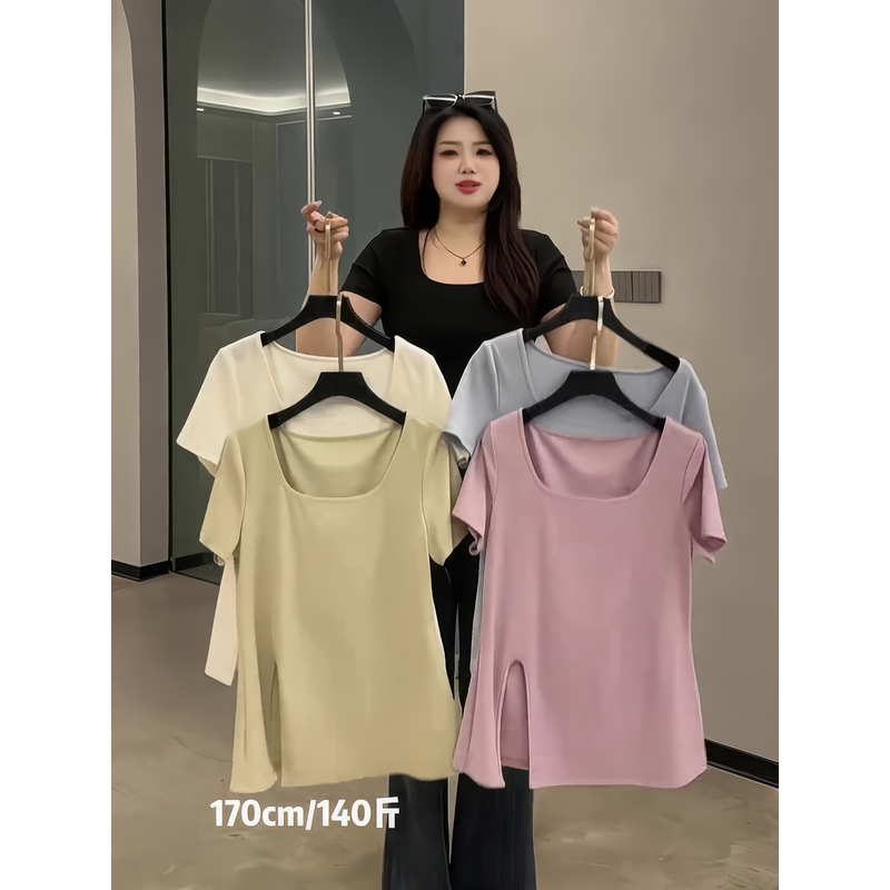 大码胖mm侧开叉修身方领短袖t恤女2025新款夏季法式收腰显瘦上衣