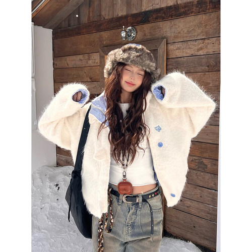 美式条纹波点立领毛绒夹克