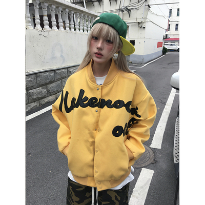 OPUP 美式复古贴皮刺绣字母棒球服夹克男女同款毛呢潮牌加厚外套