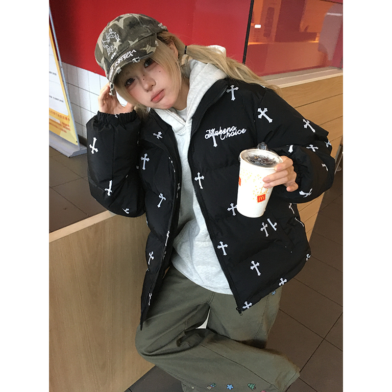 美式潮牌十字架满印立领棉服