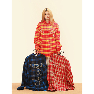 OPUP 美式复古格子钉珠衬衫衣男女春秋新款情侣宽松百搭潮流外套