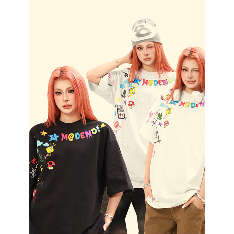 OPUP美式复古卡通涂鸦印花短袖