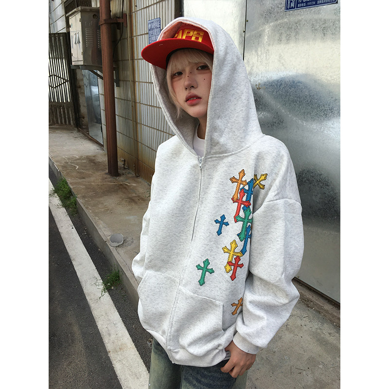 美式复古彩色十字架连帽卫衣