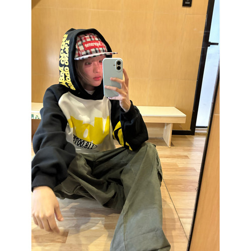 OPUP 美式潮流字母印花设计感撞色帽衫男女同款宽松显瘦连帽卫衣