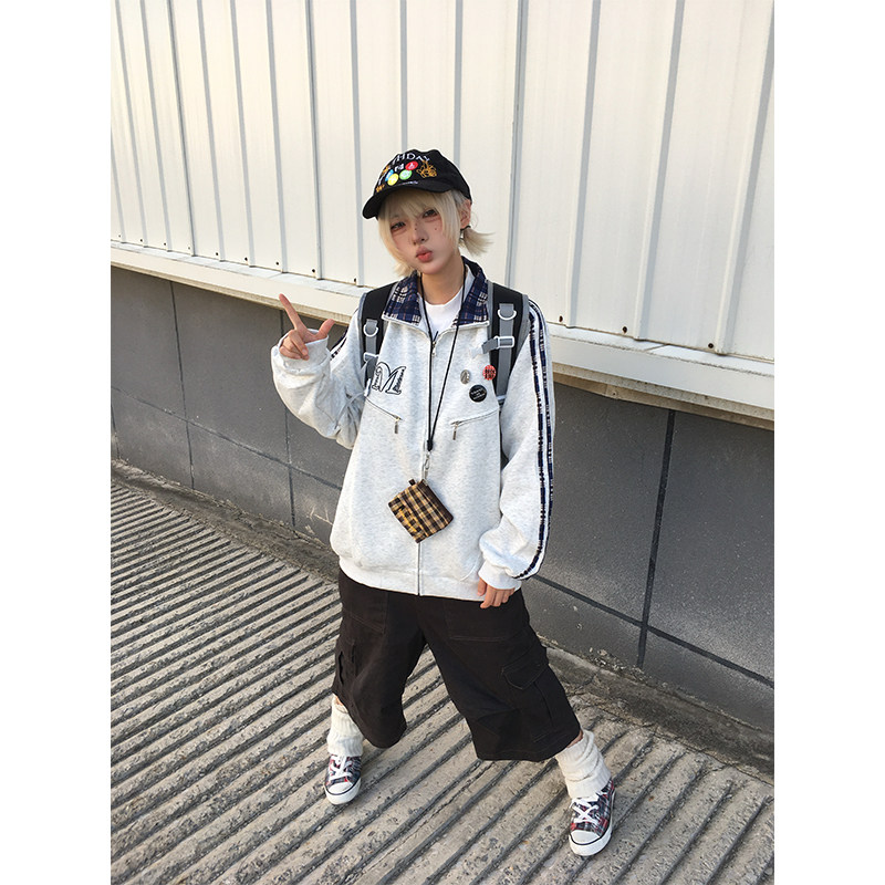 美式拼接格纹长袖拉链卫衣