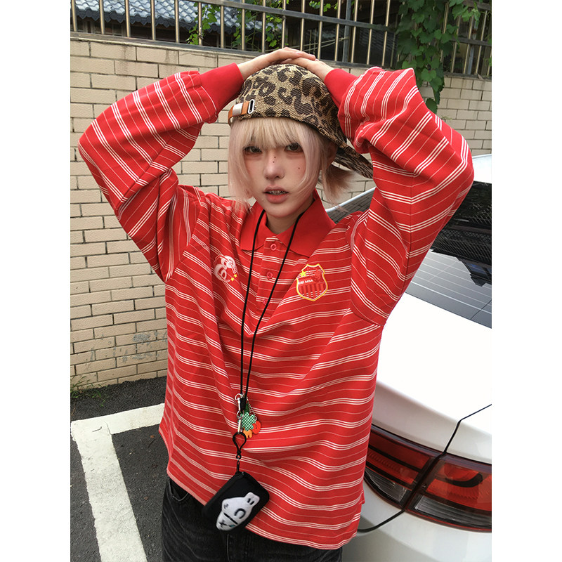 opup 美式复古条纹长袖Polo衫男女同款宽松慵懒风翻领百搭上衣潮