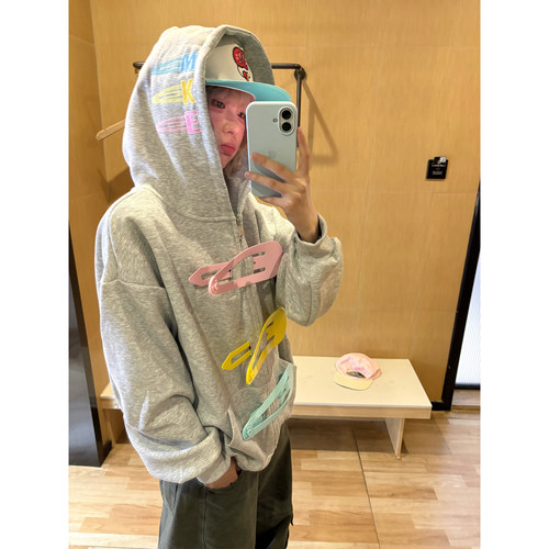 OPUP 美式趣味可拆卸彩色发夹拉链外套男女同款宽松百搭连帽卫衣