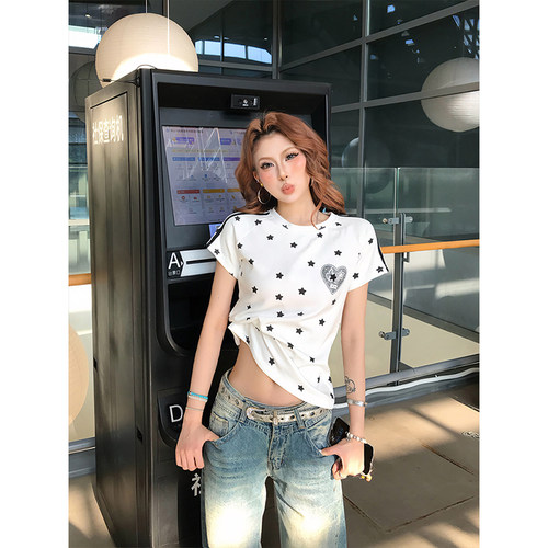 OPUP 美式复古爱心烫钻修身短袖T恤女夏季星星款辣妹正肩短款tee