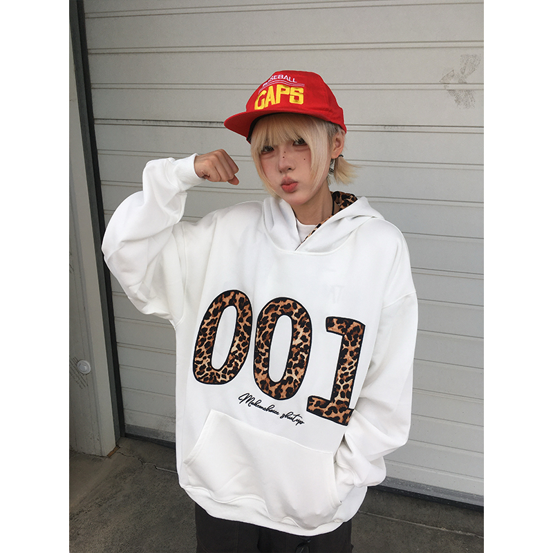OPUP 美式豹纹贴布情侣连帽卫衣男女同款百搭宽松刺绣复古帽衫潮