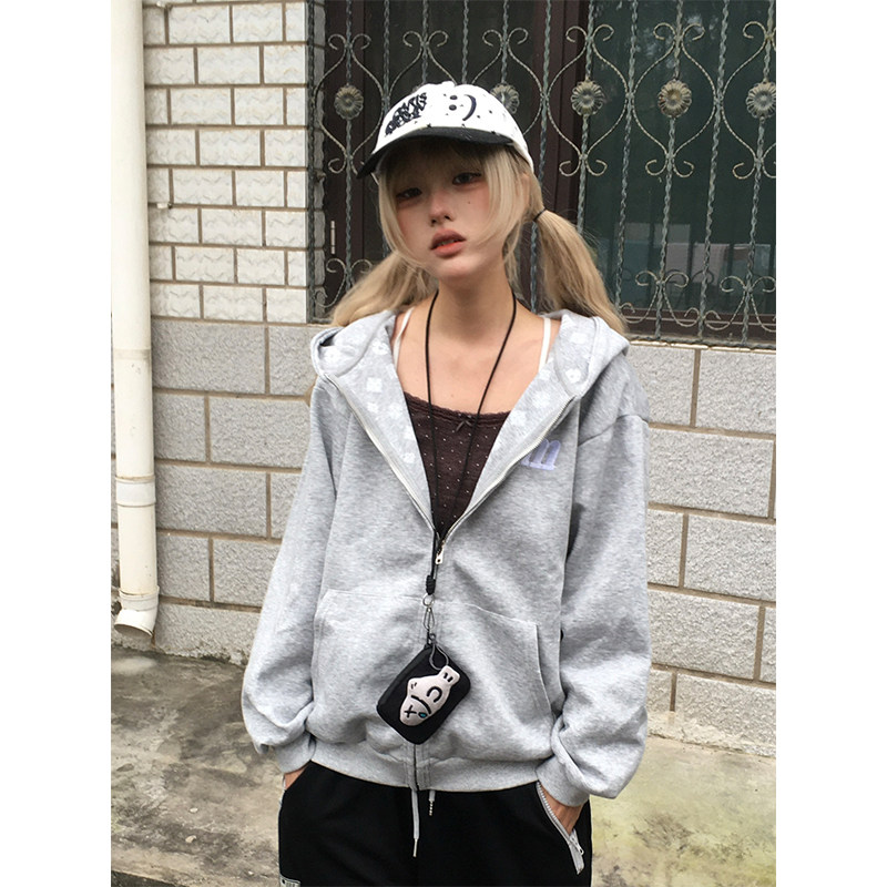 OPUP 美式印花开衫连帽卫衣外套男女同款上衣情侣宽松拉链外套潮