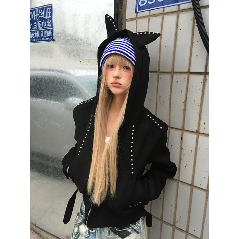 OPUP 美式复古兔耳朵珍珠铆钉连帽卫衣外套女休闲宽松设计感开衫
