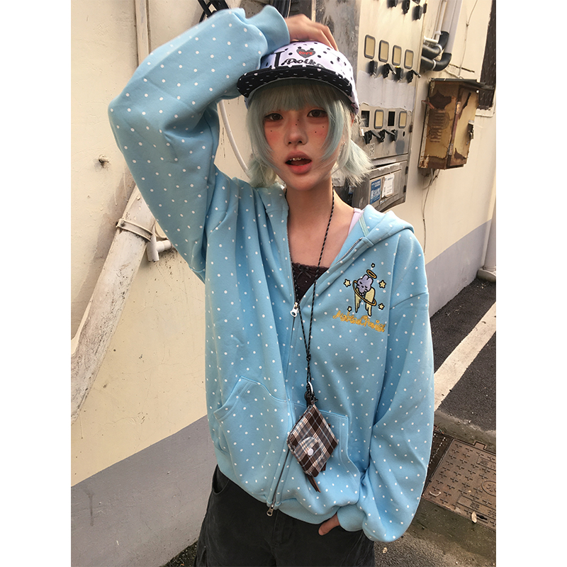 OPUP 卡通少女波点印花连帽开衫卫衣男女同款os宽松潮牌拉链卫衣