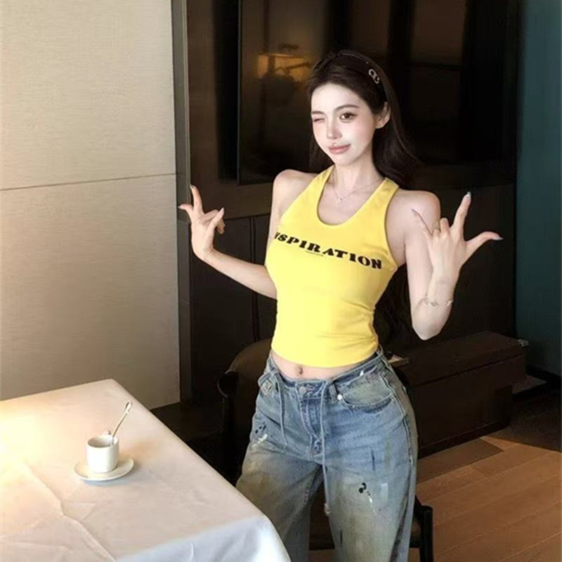 美式辣妹字母印花针织吊带工字型背心女带胸垫美背修身显瘦上衣潮