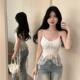 露肩不规则飘带上衣 无袖 法式 纯欲辣妹蕾丝拼接抹胸吊带背心女夏季