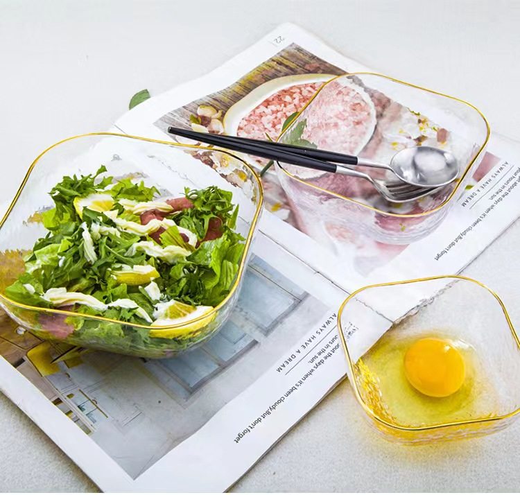 锤纹金边玻璃碗家用高颜值大号描金甜品碗创意水果沙拉碗面碗餐具