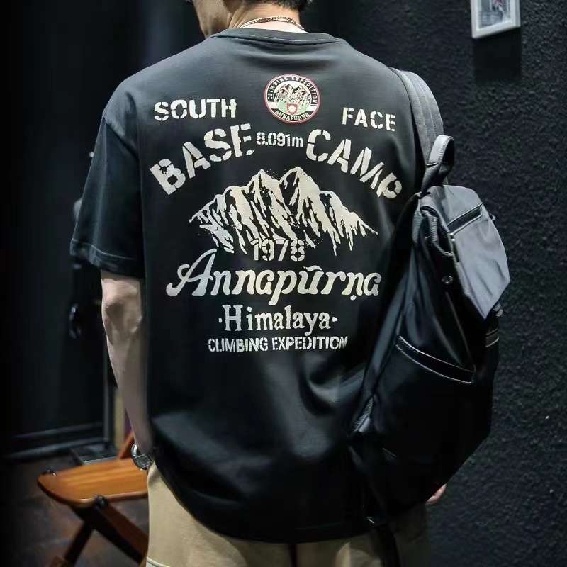 2024夏季纯棉休闲短袖t恤男ins美式大码宽松半袖个性印花潮流体恤