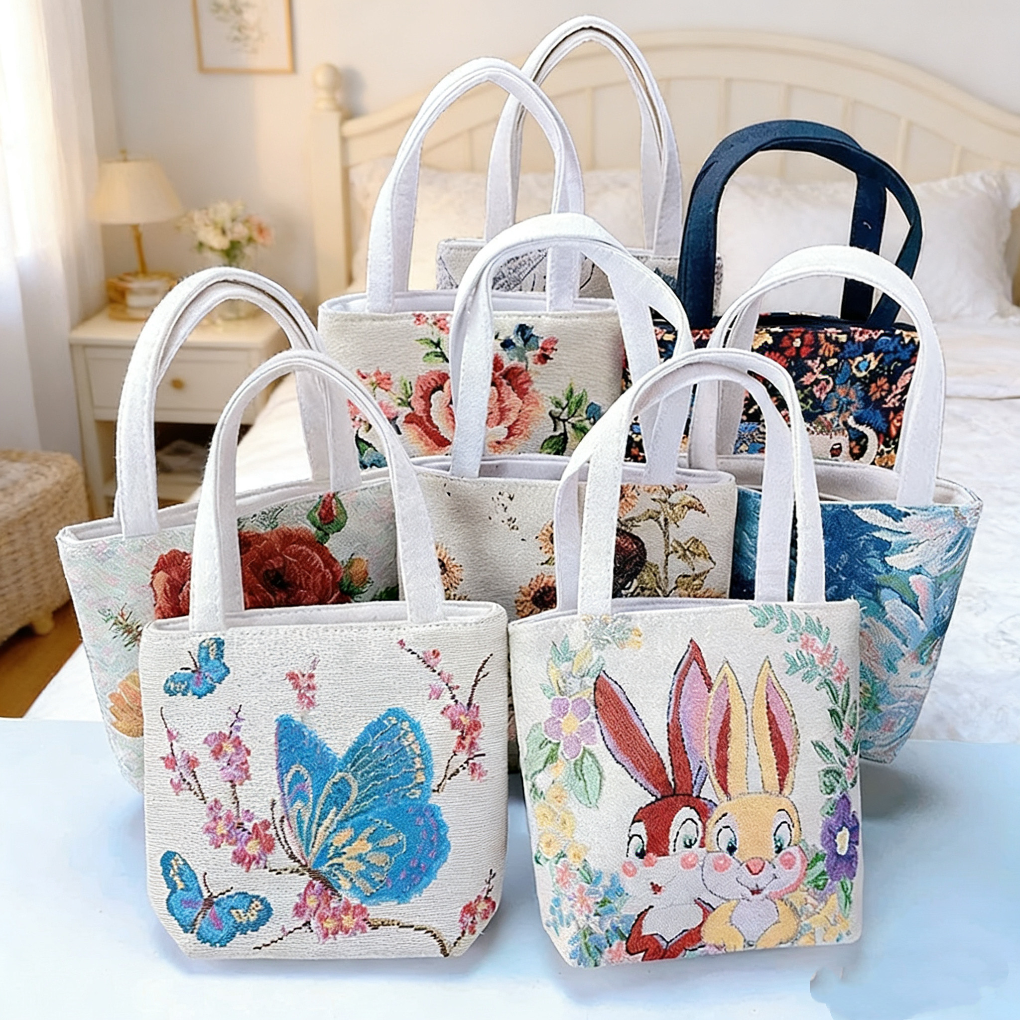 双面金丝手提帆布小包耐磨耐脏时尚百搭款刺绣带拉链手拎外出提花