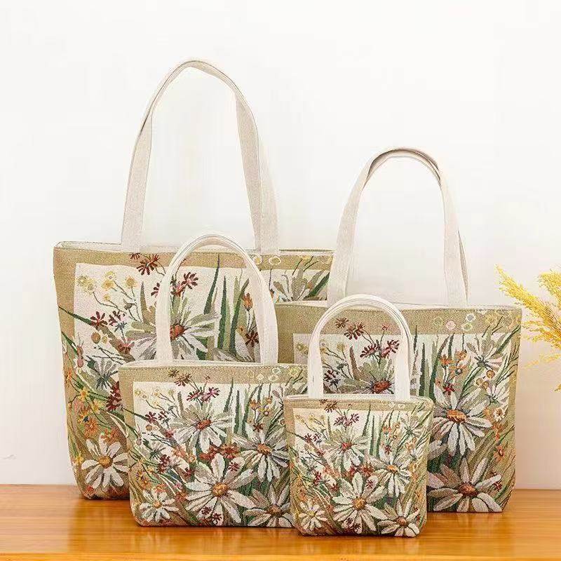 【小雏菊帆布肩带】时尚金丝大容量单肩刺绣手提帆布包民族风