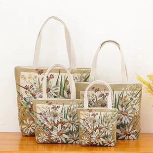 【小雏菊帆布肩带】时尚金丝大容量单肩刺绣手提帆布包民族风