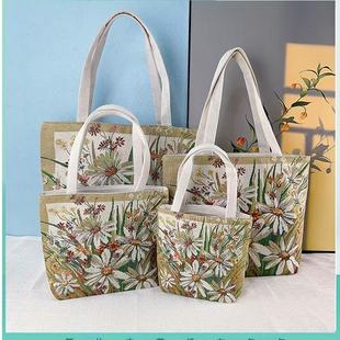 田园风帆布包双面金丝提花刺绣单肩包清新百搭大容量妈咪包通勤包