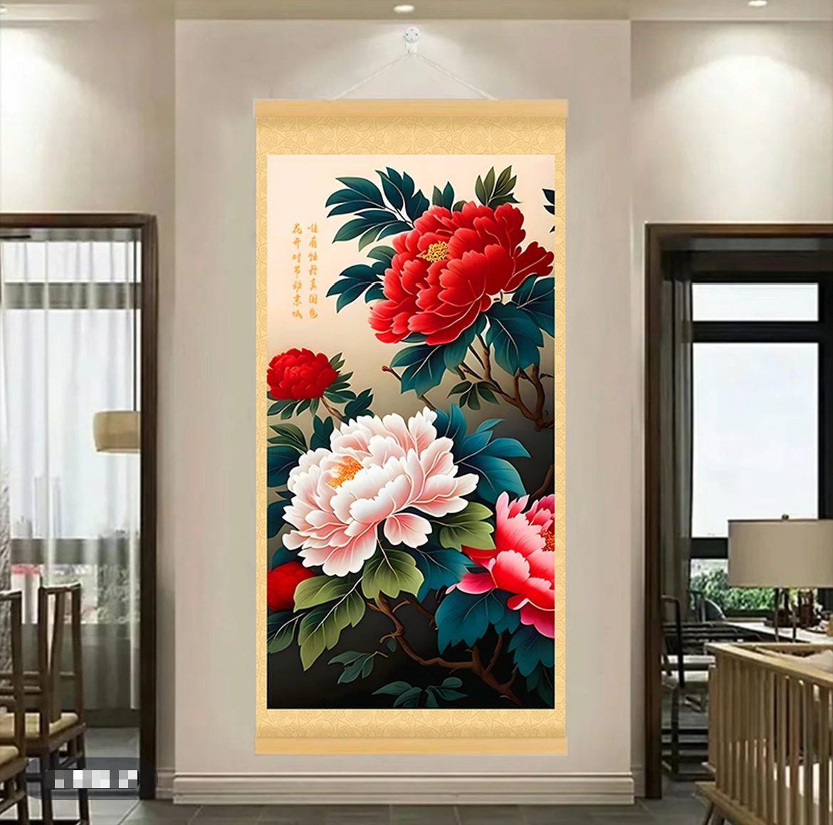 花开富贵牡丹挂画新中式玄关卷轴装饰画竖版客厅国画办公室挂轴