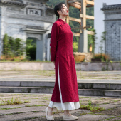 酒红色改良旗袍春秋2024新款 连衣裙 高级感奥黛中医馆工作服新中式