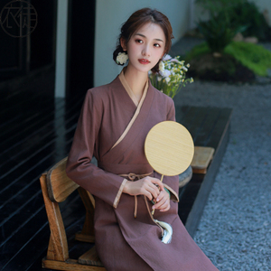 新中式连衣裙女春秋款2025新款交襟汉服女轻国风棉麻女裙子茶服女