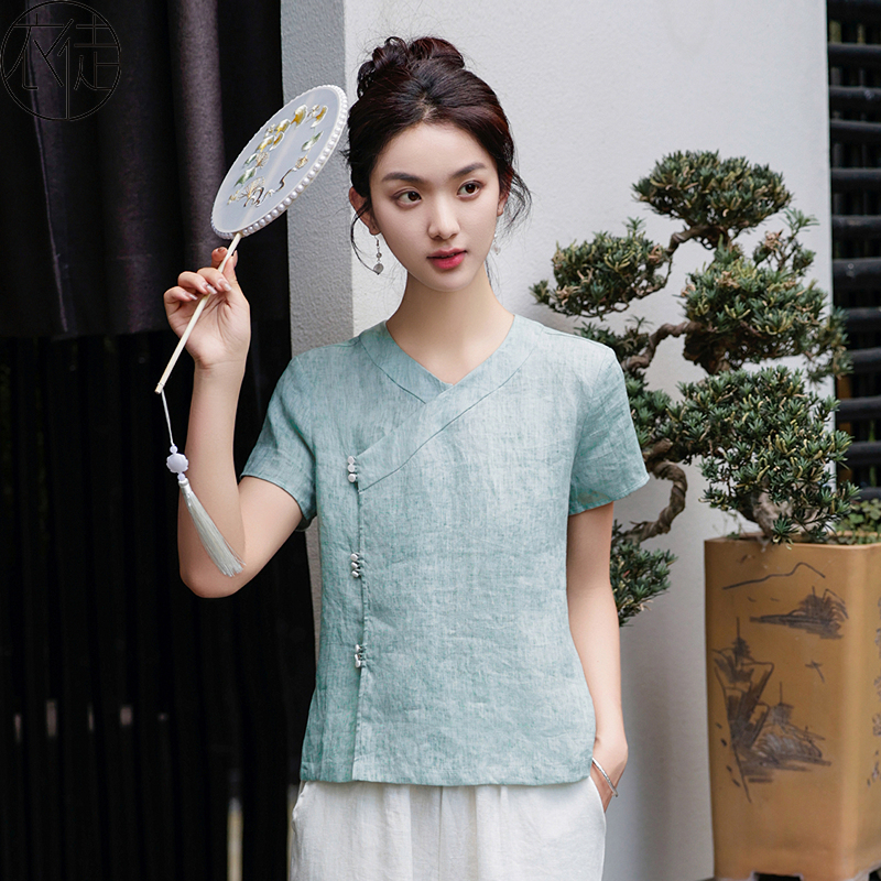 茶服女夏中式女装中国风茶艺师服装茶艺上衣汉服改良禅服佛系素衣