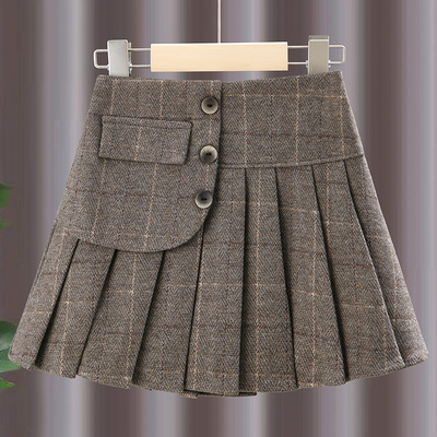 女童秋冬新款格子毛呢百褶裙