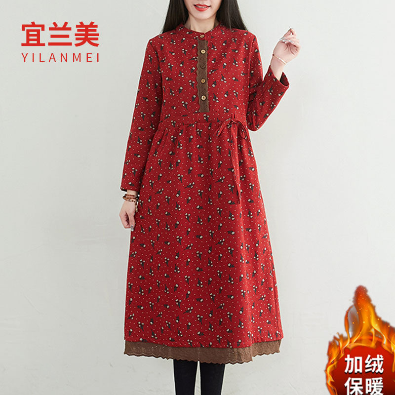 2021 winter Easy Show thin Waist Backing skirt Vintage Style Lace lace Broken flowers Plush thickening Dressin the Women's clothing/Boutique , Large size women  category - from Buy2taobao.com to provide professional Taobao agent buy service