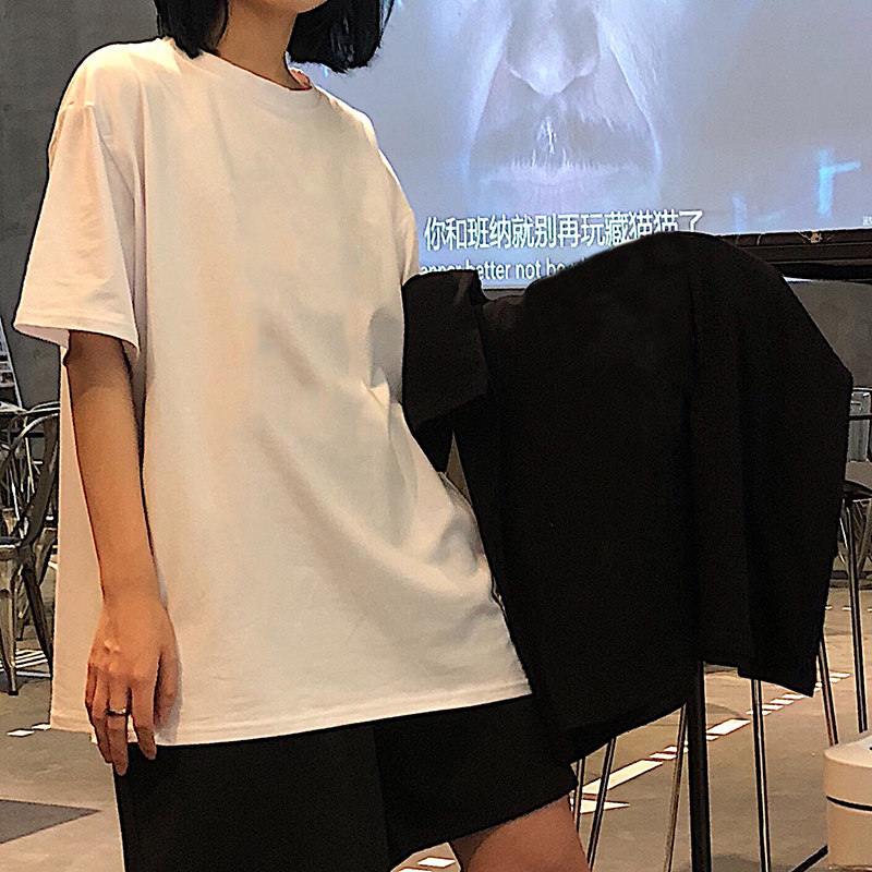 纯棉线短袖T恤衫女圆领套头休闲落肩t恤衫宽松半袖上衣夏2025新款
