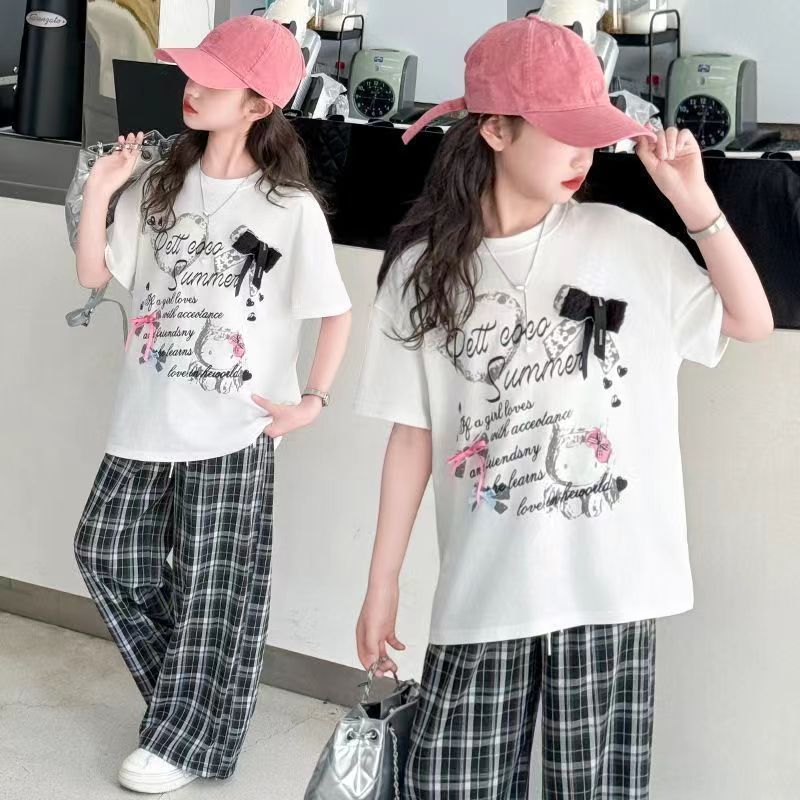 女童夏季套装2026新款洋气短袖女童韩版时髦中大童格子夏装两件套