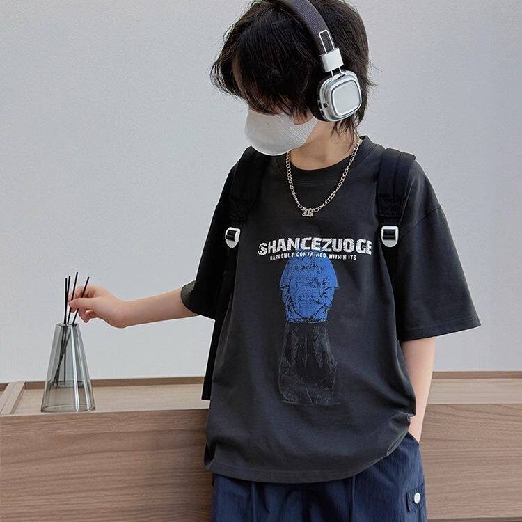 男童T恤夏季纯棉儿童短袖宽松2026新款潮酷印花半袖男孩大码上衣