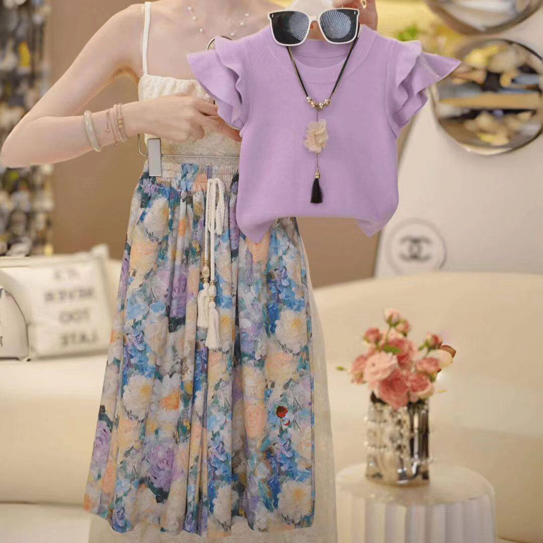 女童夏季洋气套装2026新款儿童装女孩小飞袖碎花夏装薄款两件套潮