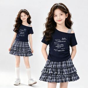 童装女童夏季套装2026新款短袖韩系时尚斜肩女孩中大童洋气两件套
