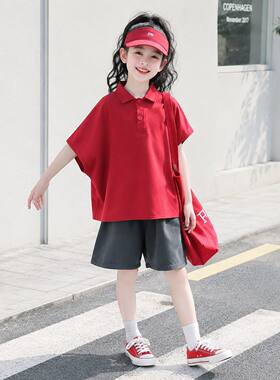 中大女童Polo衫蝙蝠袖短裤两件套